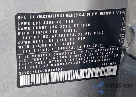 2025 Volkswagen Taos 1.5T Se z USA, uszkodzony, nr VIN 3VVSC7B24SM010703